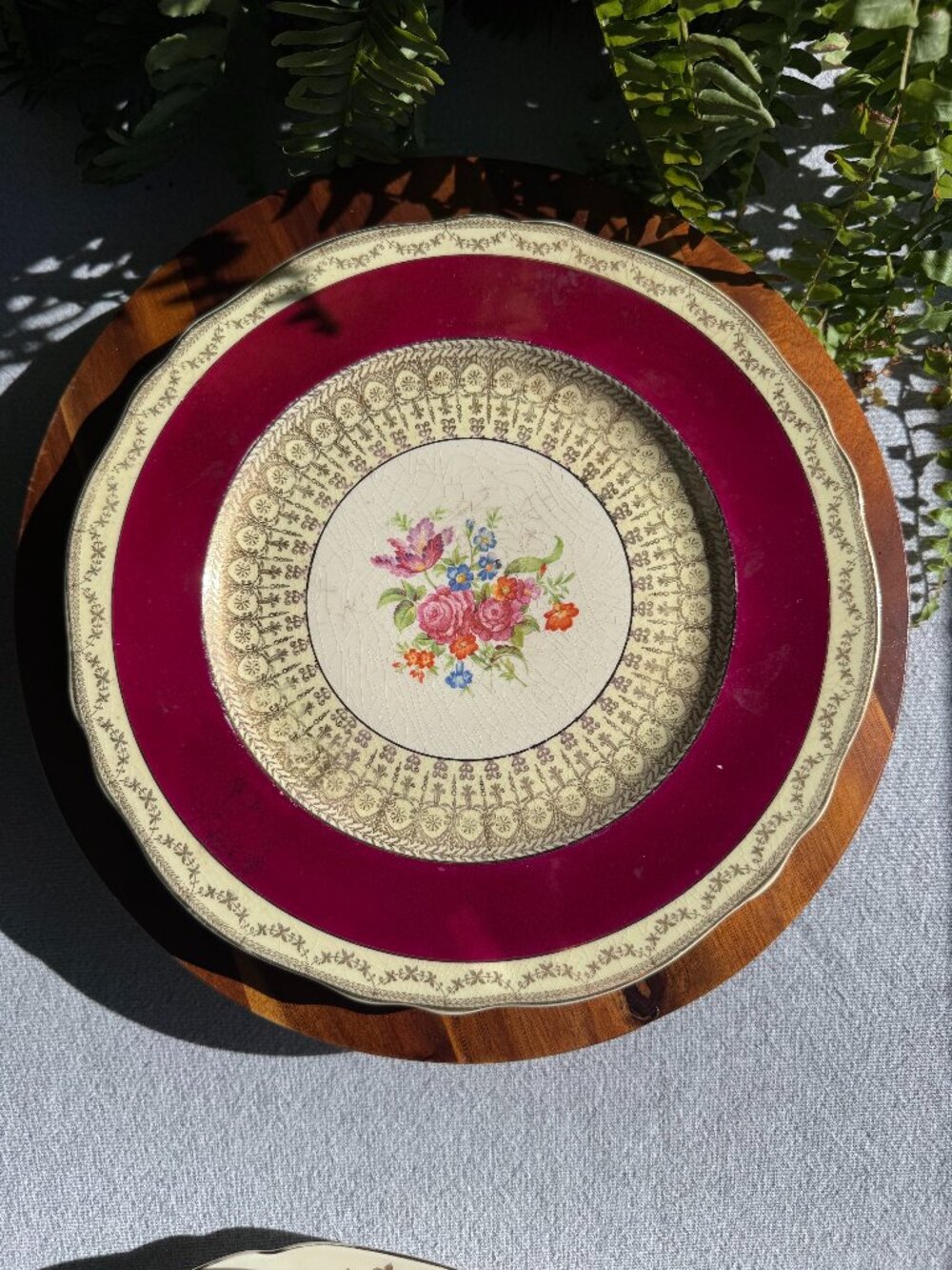 Vintage Steubenville Dinner Plate Burgundy Red Gold Filigree Floral Bouquet